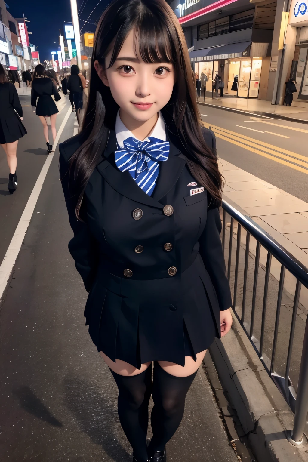 high angle shot、big breasts、Shoes are visible、super treet snap、tall, A baby-faced gal woman wearing a short skirt and bow tie is standing in a neon street at night、high school student、Thin calf、japanese girl、Winter clothes、Wearing Japanese school uniform、Japanese school black uniform、Wearing a surreal high school uniform、girl in uniform、Wearing a dark blue uniform、Full body Esbian、nice skin、glowing skin、nice thighs、(micro hining thighs、Plump thighs、She wears black tights that show her skin、leather shoes、Japanese high school 、Nogizaka Idol、inviting eyes
