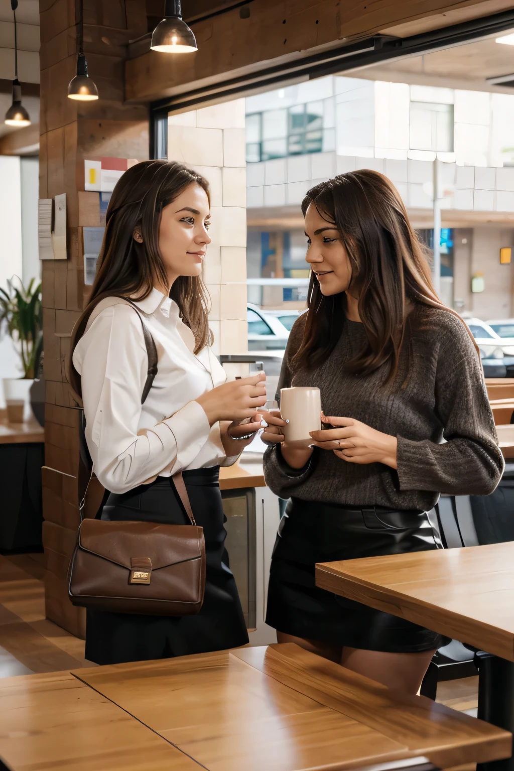 Generate an authentic scene portraying a casual conversation between a male and a female employee at a cafe, with a focus on their office bags naturally placed on the table. Ensure the size and placement of the bags appear realistic, resembling standard office bags. Emphasize the bags' details, such as brand logos and textures, without overshadowing the genuine interaction between the colleagues. Craft an inviting atmosphere that subtly enhances the bags' presence, catering to an ecommerce context while maintaining a natural and relatable setting.