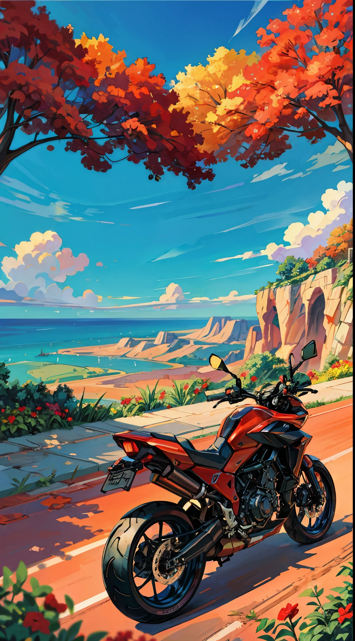 Masterpiece, a motorcycle, resting, blue sky, cloudy, detailed clouds, view seemed far away, red tress, adventure, greenery, flowers, scenery, nature, primitive, profesional art, art concept, landscape, (wallpaper unified 8k), best view, HD quality, detailed, perfect view, esthetic, nft.