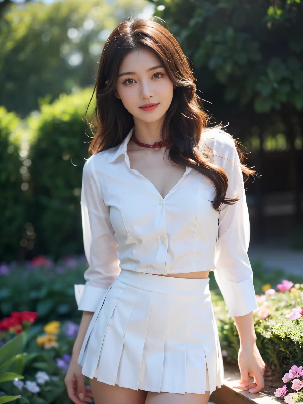 ((((highest quality))))、(((Ultra-precision CG16K wallpaper)))、(((masterpiece)))、(((Super detailed)))、(((super extreme details)))、1people's women、mature woman、25 year old woman、((Japanese face))、((very beautiful face))、((Zuo々Ki Nozomi:1.5))、((Soft wave semi-long hair:1.3))、(shiny hair)、bangs up to eyebrows、beautiful brown hair、beautiful delicate eyes、brown eyes、raised eyebrows、high nose、small nostrils、small mouth、seductive lips、mouth slightly open、beautiful breasts、C cup size breasts、cleavage、plump body、perfect proportions、perfect ???????、perfect composition、beautiful detailed shading、beautiful natural lighting、beautiful detail glow、Depth of bounds written、(((High chroma)))、(((real:1.9)))、((vivid:1.4))、((beautiful skin))、((skin texture))、((realな皮膚感))、(((cowboy shot:1.5)))、((Angle seen from the front:1.5))、((smile:1.4))、(Eyes looking at me:1.3)、bright sunshine、(((flower garden:1.3)))、(standing pose:1.5)、(((Wearing white open collar shirt、Scarlet pleated miniskirt:1.6)))、
