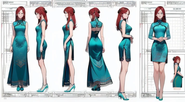 ((Best Quality)), ((Masterpiece)), ((Realistic)) 19 year old, redhead girl, shoulder length hair, relaxed happy face ((slender)) (busty), ((( cheongsam turquoise lace dress))) (((exy dress)) bun hairstyle (((detailed character sheet, frontal view, side view, three quarter view))) (((white background))) 6 and a half heads full body