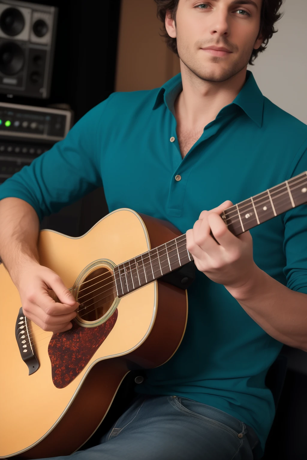 Realistic photograph of an alluring male musician in his late twenties, ensconced in a bustling recording studio. Masterpiece: 1.2, High Definition: 1.5, Realistic: 1.6, Photorealistic: 1.7, (1man)

Tanned skin glows against the dimly lit studio, microphones poised before his lips. His eyes, a captivating blend of blue and green, focus intently on the sheet music before him. Transfixed, his hands gracefully strum the stringed instrument, fingers dancing above the fretboard.

A loose, flowing shirt, sleeves rolled up to reveal forearms etched with the
