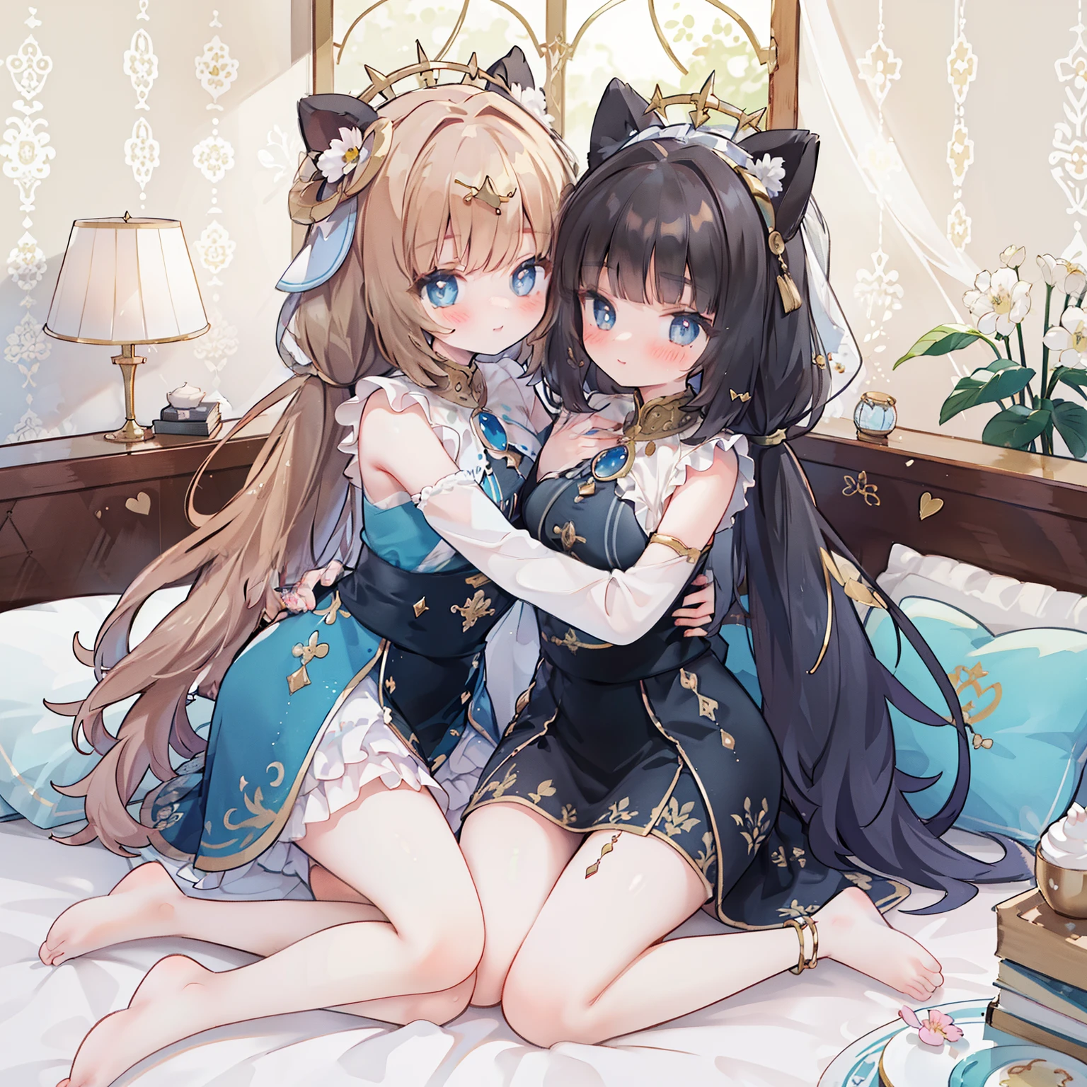 (best quality,8k,high resolution,masterpiece:1.2),super detailed,lifelike,CG wallpaper,Excellent, Beautiful and delicate face, 2 girls, hug together，cross-shaped pupils, Default attire, Everlasting，Kneel on the bed，blushing