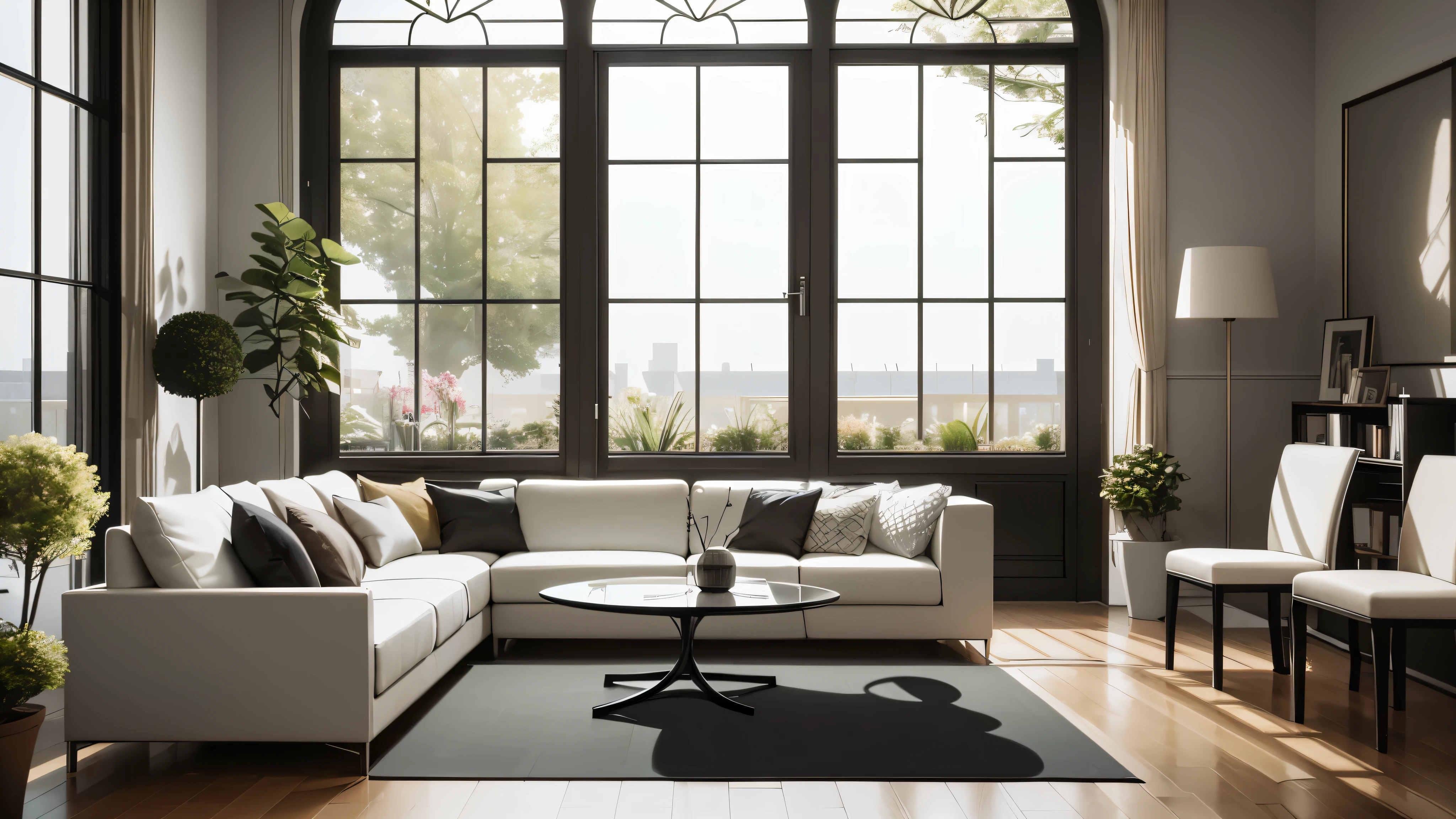 You are a famous interior designer、You have been asked to create a 3D image of a modern large room. Create a harmonious environment with modern and minimalist furniture. Including garden interior.