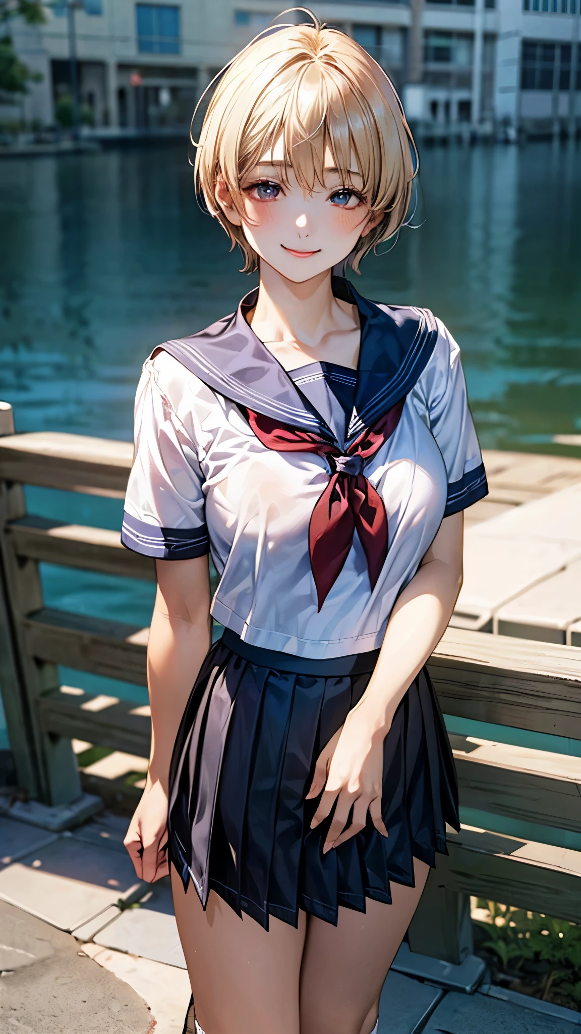 (masterpiece:1.2, top-quality), (realistic, photorealistic:1.4), beautiful illustration, (natural side lighting, movie lighting), nsfw, 
looking at viewer, cowboy shot, front view:0.6, 1 girl, japanese, high school girl, perfect face, cute and symmetrical face, shiny skin, 
(short hair:1.5, pixie cut:1.4, blond hair), bangs pinned back, red eyes, long eye lasher, (large breasts:0.6, thick thighs), 
beautiful hair, beautiful face, beautiful detailed eyes, beautiful clavicle, beautiful body, beautiful chest, beautiful thigh, beautiful legs, beautiful fingers, 
((detailed cloth texture, short sleeves cute sailor suit, pleated skirt, sailor collar, sailor scarf, socks, brown loafers)), 
(beautiful scenery), evening, riverside, standing, wave hands, (half-closed eye, lovely smile, upper eyes), 