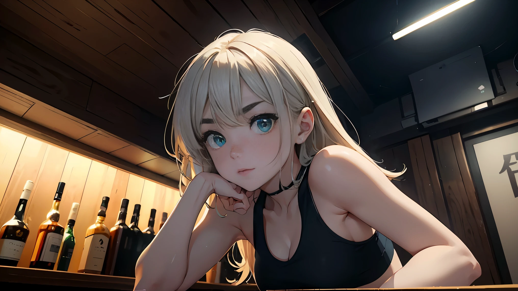 Low angle shot, 4K, A high resolution, Best quality at best, masterpiece, perfect colors, perfect shadow, perfect ligthing, ((sportrait)), bright green eyes,With round lenses, standing, The audience watched carefully, (s face: 1.2), Perfect female figure, ((90s crop top)), ((looking and shy at viewert)), (Perfect thick white eyebrows) Delicate fur, 详细s face, s the perfect shy face, At a in an underground trance dance club , (Drink a glass of whisky standing), Comfortable background, perfect decoration, lighting atmosphere, ((Bonifasko lighting)), (The round lenses on his eyes)(詳細な目), Perfect student