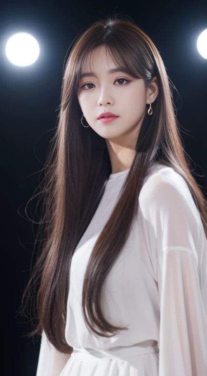 ((Realistic lighting、top-quality、8K、​masterpiece:1.3))、Clear focus:1.2、1girl in、flawless beauty:1.4、、Neat and clean clothing、One-piece clothes、Superfine Face、Narrow-eyed、二重まぶた、lighting like a movie、photos realistic、28 year old、Rolled hair、Face like a K-pop idol、white backgrounid、Gray background、Mature Woman、Classy makeup、Angle of pull、length hair、Longhaire、Long hair、Hair like a k-pop idol、wide-angle lens、Full body photo