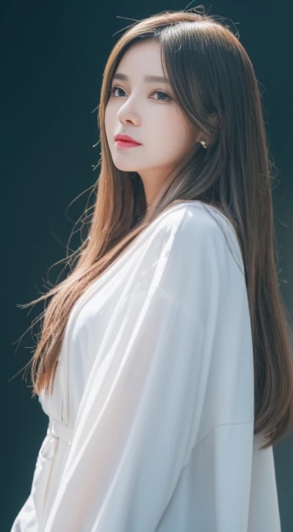 ((Realistic lighting、top-quality、8K、​masterpiece:1.3))、Clear focus:1.2、1girl in、flawless beauty:1.4、、Neat and clean clothing、One-piece clothes、Superfine Face、Narrow-eyed、二重まぶた、lighting like a movie、photos realistic、28 year old、Rolled hair、Face like a K-pop idol、white backgrounid、Gray background、Mature Woman、Classy makeup、Angle of pull、length hair、Longhaire、Long hair、Hair like a k-pop idol、wide-angle lens、Full body photo