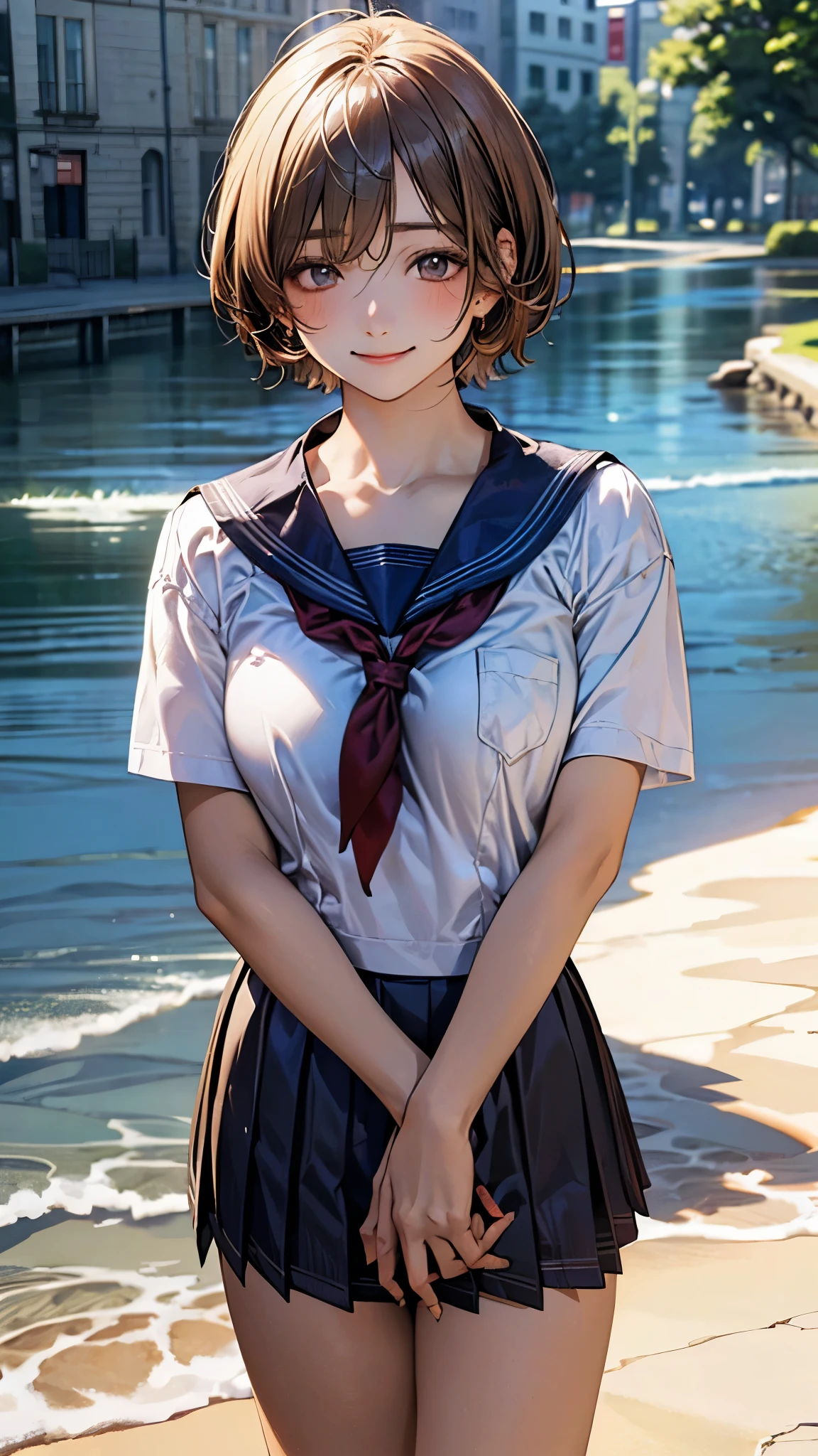 (masterpiece:1.2, top-quality), (realistic, photorealistic:1.4), beautiful illustration, (natural side lighting, movie lighting), nsfw, 
looking at viewer, cowboy shot, front view:0.6, 1 girl, japanese, high school girl, perfect face, cute and symmetrical face, shiny skin, 
(short hair:1.5, pixie cut:1.4, blond hair), bangs pinned back, red eyes, long eye lasher, (large breasts:0.6, thick thighs), 
beautiful hair, beautiful face, beautiful detailed eyes, beautiful clavicle, beautiful body, beautiful chest, beautiful thigh, beautiful legs, beautiful fingers, 
((detailed cloth texture, short sleeves cute sailor suit, pleated skirt, sailor collar, sailor scarf, socks, brown loafers)), 
(beautiful scenery), evening, riverside, standing, wave hands, (half-closed eye, lovely smile, upper eyes), 