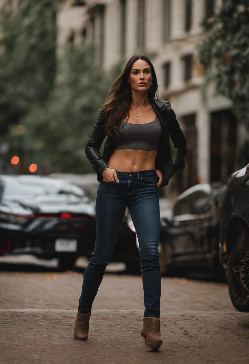 Megan Fox is standing up peeing in her tight jeans