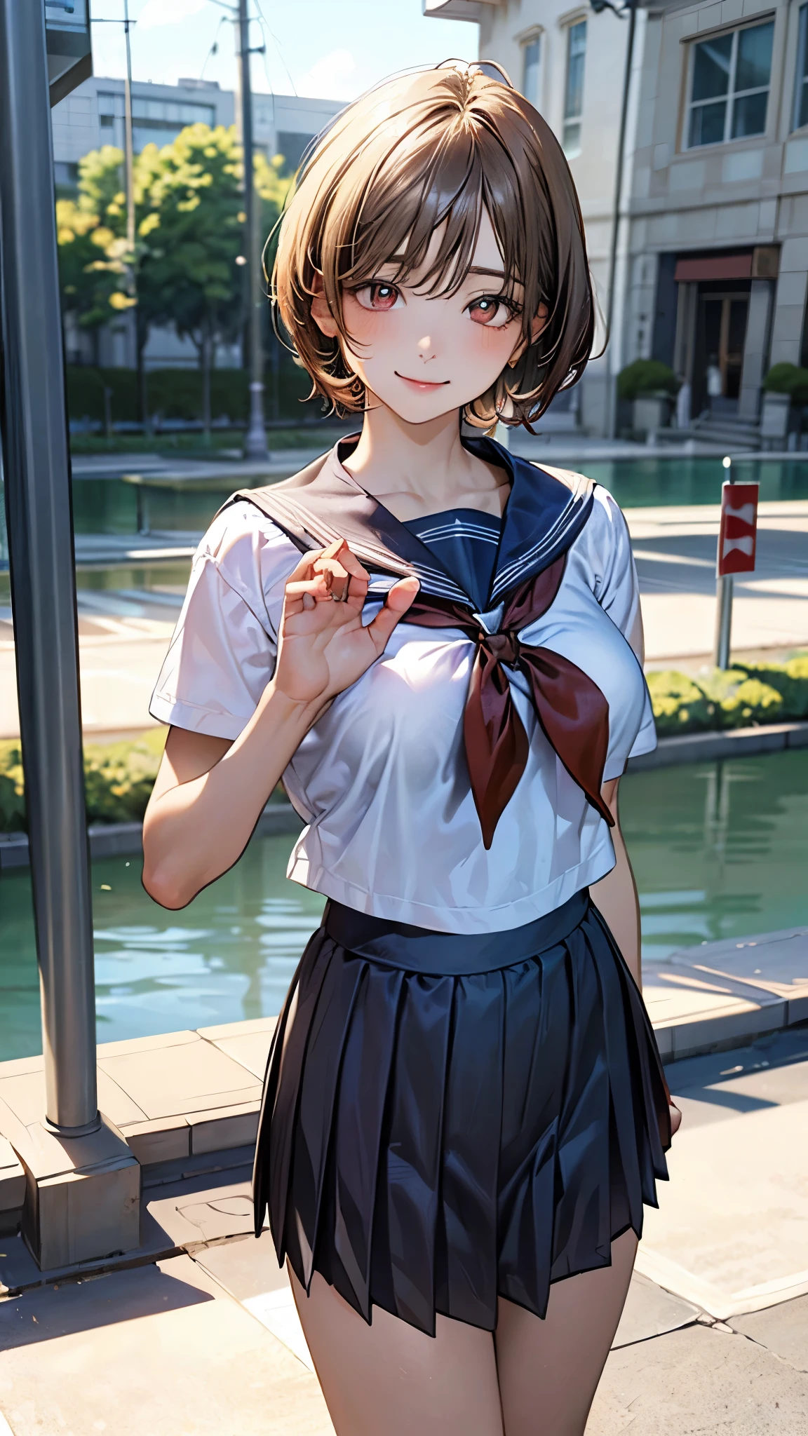 (masterpiece:1.2, top-quality), (realistic, photorealistic:1.4), beautiful illustration, (natural side lighting, movie lighting), nsfw,
looking at viewer, cowboy shot, front view:0.6, 1 girl, japanese, high school girl, perfect face, cute and symmetrical face, shiny skin,
(short hair:1.5, pixie cut:1.4, blond hair), bangs pinned back, red eyes, long eye lasher, (large breasts:0.6, thick thighs),
beautiful hair, beautiful face, beautiful detailed eyes, beautiful clavicle, beautiful body, beautiful chest, beautiful thigh, beautiful legs, beautiful fingers,
((detailed cloth texture, short sleeves cute sailor suit, pleated skirt, sailor collar, sailor scarf, socks, brown loafers)),
(beautiful scenery), evening, riverside, standing, wave hands, (half-closed eye, lovely smile, upper eyes),