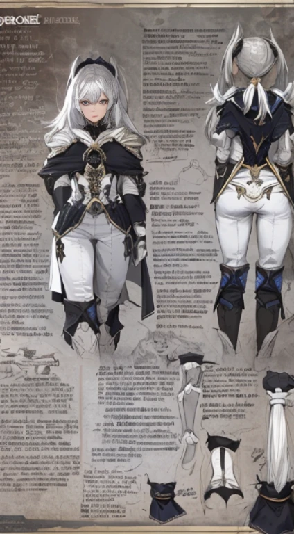 closeup of a woman, tight pants, white colored hair, hairlong, pony tail, hair ornament, gray eyes, white  shirt, corset, metal cuffs, black gloves, cloak, high boots, Metal greaves, Waist sheath, medieval theme, looking a viewer, Fantasy art, Beautiful painting of characters, Works of art in the style of Guwayca, epic exquisite character art, stunning character art, Beautiful Killer Woman (reference sheet:1.5)