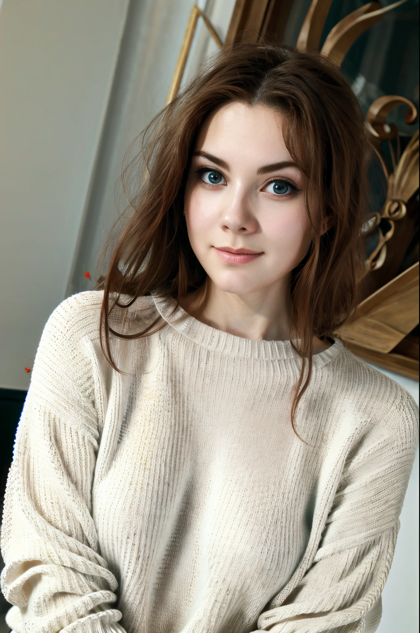 (8k, masterpiece, best quality, alone, SFW), ((Martha E)), (portrait, White thick knit sweater), looking at camera, Eyeliner, eye shadow, Simple dark background,