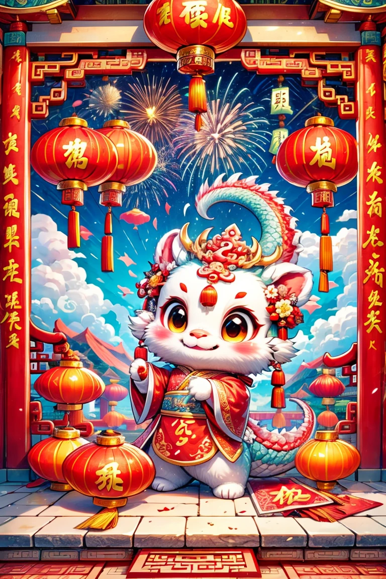 1 Chinese dragon，(chinese palace:1.5)，medium shot，Chinese style，Spring Festival，lantern，fireworks，firecracker，flowers，clouds，stone fragment，Beautiful and delicate water，Wood grain flooring，Cute Chinese Dragon