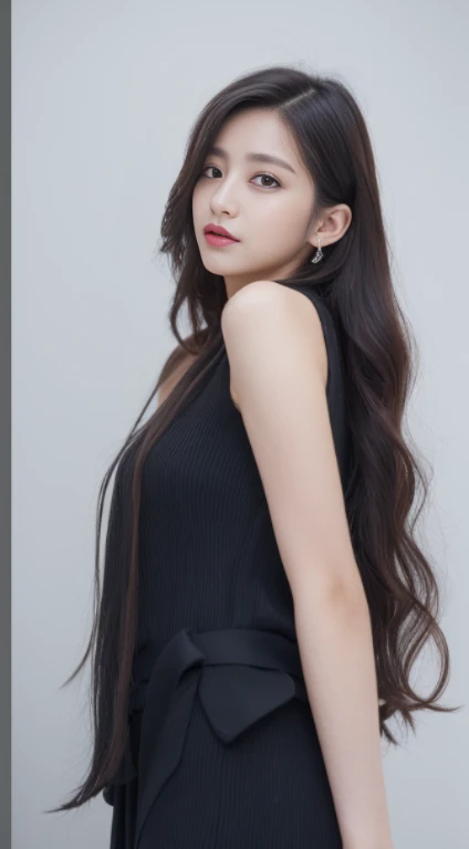 ((Realistic lighting、top-quality、8K、masterpiece:1.3))、Clear focus:1.2、1girl in、flawless beauty:1.4、、Neat and clean clothing、One-piece clothes、Superfine Face、Narrow-eyed、二重まぶた、lighting like a movie、photos realistic、28 year old、Rolled hair、Face like a K-pop idol、white backgrounid、Gray background、Mature Woman、Classy makeup、Angle of pull、length hair、Longhaire、Long hair、Hair like a k-pop idol、wide-angle lens、Full body photo