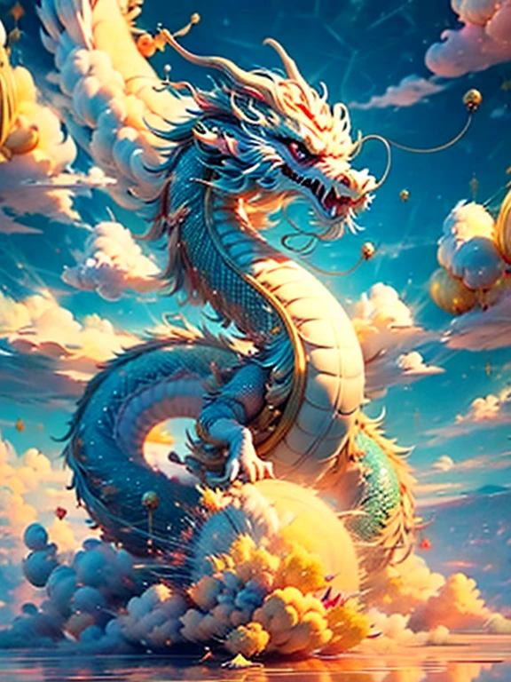 Clouds surround cute Chinese dragon, fireworks background，Chinese new year decoration（（（masterpiece）））， （（best quality））， ， （（Surrealism））（8k）