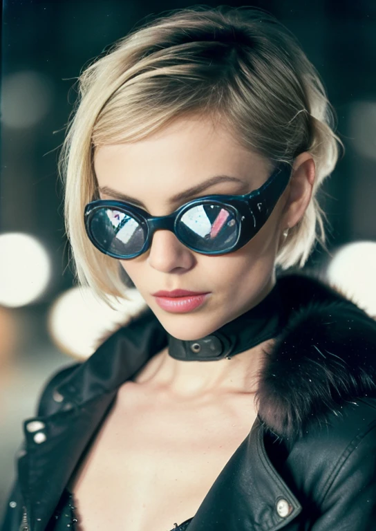 candid frontal closeup close up body portrait of a (Russian woman:1.2) model (with long Blonde Pixie Cut Haircut:1.2), (posing in Dazzling Ballroom with Shimmering Dance Floor and Twinkling Lights during Snow Level:1.1), (wearing Glamorous Hollywood Film Star Fashion with Satin Gowns and Fur Stoles:1.2), at dark night, moonlight, (naughty), (Saluting:1.1),  Dappled light Hair light, (bright flash photography:1.2), Deep reds aesthetic, (focus on the eyes), (hard shadows, pitch black brackground, unlit,  dark theme, dim lighting, deep contrast:1.1), (background in focus), (wearing Futuristic Post-Apocalyptic Survivor Attire with Tattered Leather Jackets and Goggles:1.2),  analog film grain overexposed blurry polaroid