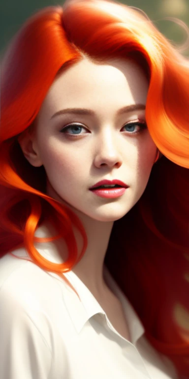 High resolution,best 8k,Painting of a woman with red hair and a white shirt, Lois Van Rossdraws, loose ginger hair, loish and wlop, wavy ginger hair, exquisite digital illustration, Moebius + loish + wlop, wlop loish style and clamp, beautiful character painting, beautiful digital illustration, Artgerm and James Jean, stunning digital illustration, flowing orange hair