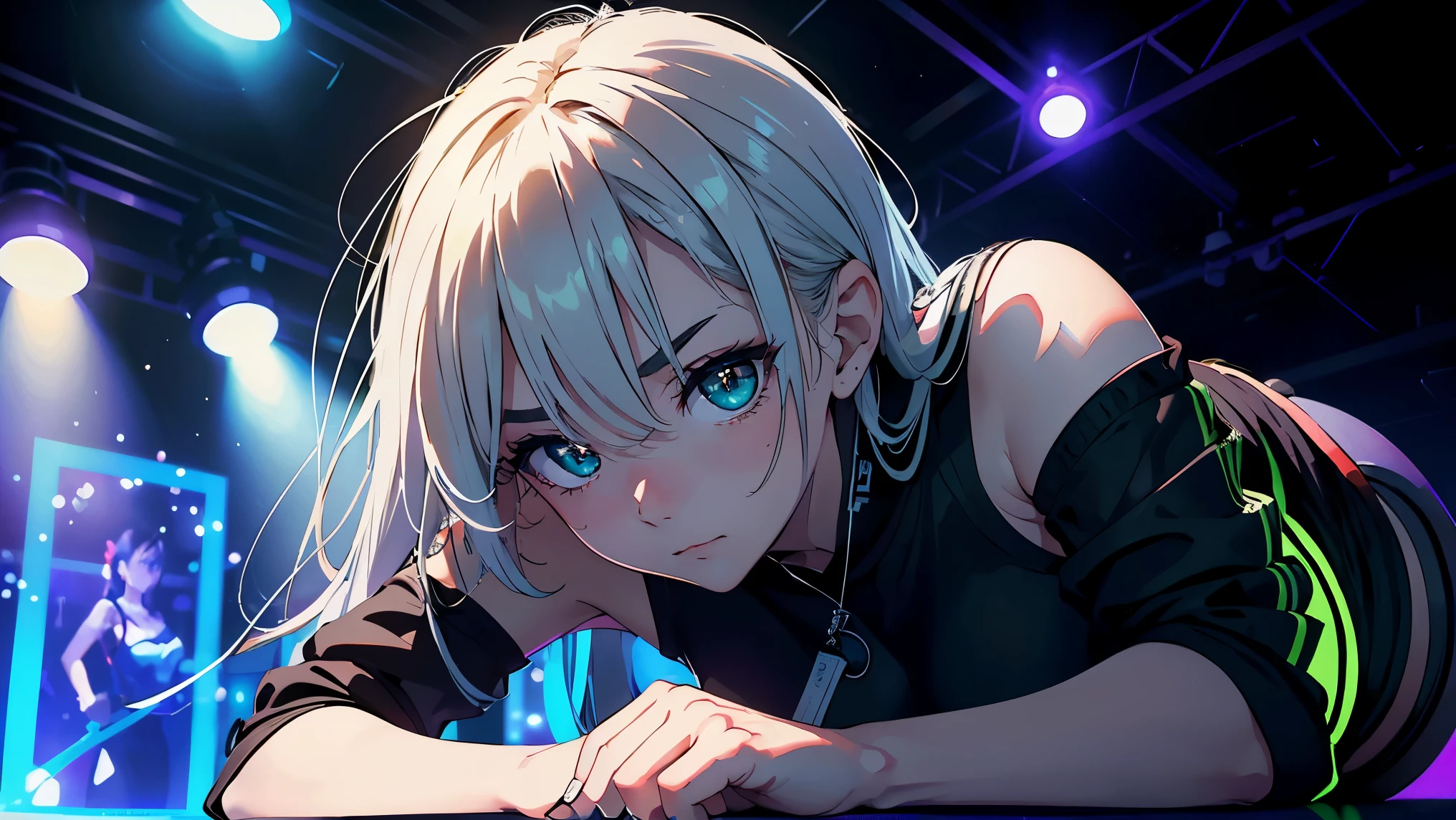 Low angle shot, 4K, A high resolution, Best quality at best, tmasterpiece, perfect colors, perfect shadow, perfect litthing, ((sportrait)), bright green eyes,With round lenses, The audience watched carefully, (s face: 1.2), Perfect female figure, ((90s crop top)), ((looking and shy at viewert)), (Perfect thick white eyebrows) Delicate fur, 详细s face, s the perfect shy face, At a in an underground trance dance club , (Drink a glass of whisky standing), Comfortable background, perfect decoration, lighting atmosphere, ((Bonifasko lighting)), (The round lenses on his eyes)(詳細な目), Perfect student