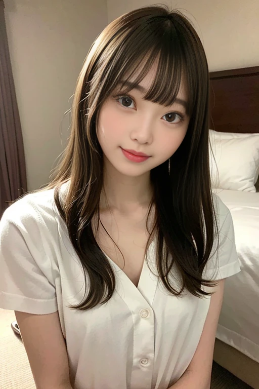 Masterpiece, best quality, high resolution, an extremely delicate and beautiful, night, hotel room, on the bed, school uniform, light smile, (((flat ))), long hair, blunt bangs, young woman, (((young face))), (((pretty face))), (pretty japanese woman), detailed pretty face, perfect face, realistic, photorealistic