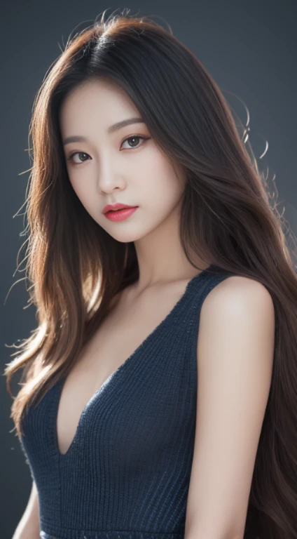 ((Realistic lighting、top-quality、8K、masterpiece:1.3))、Clear focus:1.2、1girl in、flawless beauty:1.4、、Neat and clean clothing、One-piece clothes、Superfine Face、Narrow-eyed、二重まぶた、lighting like a movie、photos realistic、28 year old、Rolled hair、Face like a K-pop idol、white backgrounid、Gray background、Mature Woman、Classy makeup、Angle of pull、length hair、Longhaire、Long hair、Hair like a k-pop idol、wide-angle lens、Full body photo