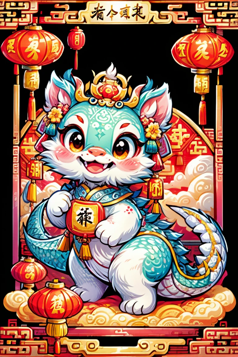1 Chinese dragon,(chinese palace:1.5),medium shot,Chinese style,Spring Festival,lantern,fireworks,firecracker,flowers,clouds,stone fragment,Beautiful and delicate water,Wood grain flooring,Cute Chinese Dragon