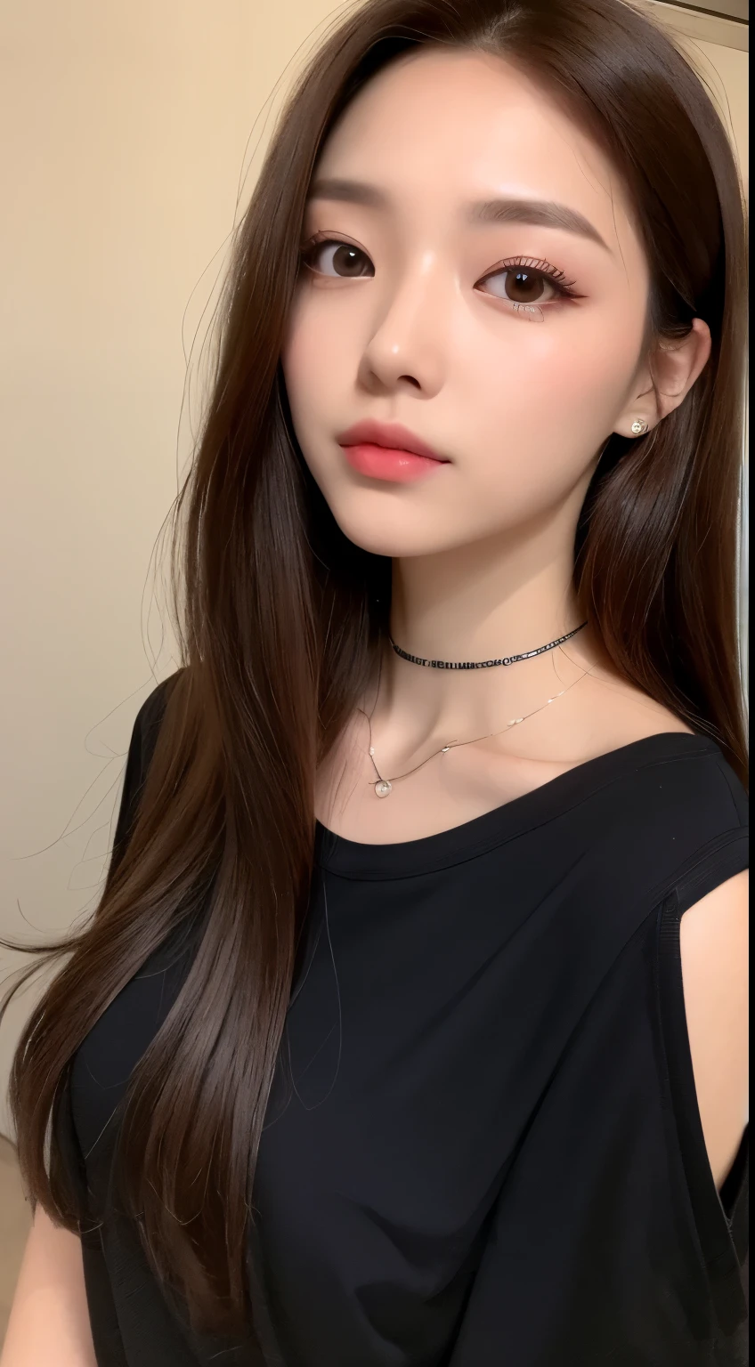 Minato-ku girls have wine ((highest quality、8K、masterpiece:1.3)), full body esbian, long legs, muscular body:1.4, thin abs:1.1, ((permed brown hair、long torso)), (Black Tight Plain T-Shirt、standing:1.2),  Highly detailed face and skin texture, detailed eye, double eyelid、Korean、Piercing of the left ear、shiny hair