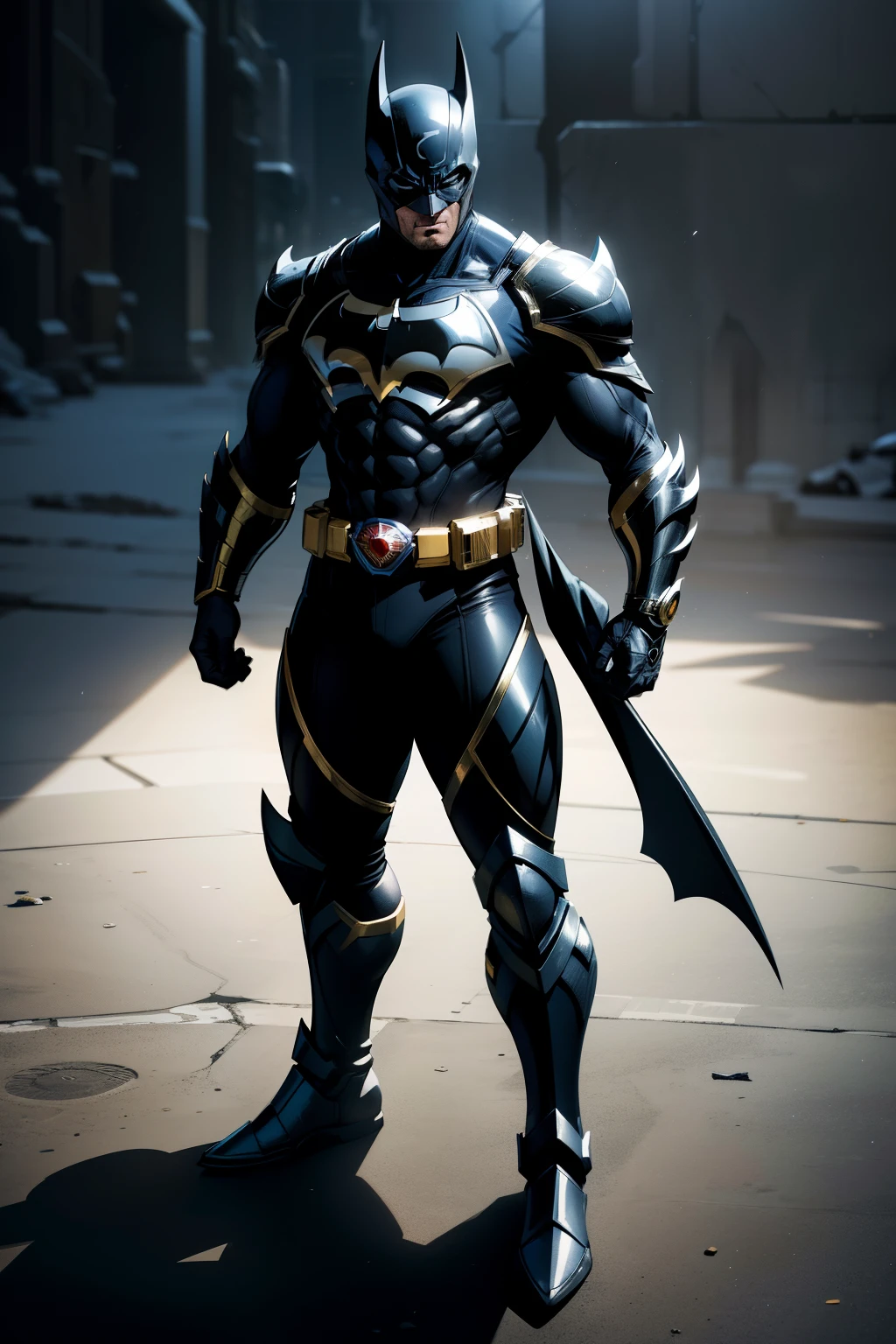 a realistic depiction of an advanced hellbat style armour in white and gold on batman