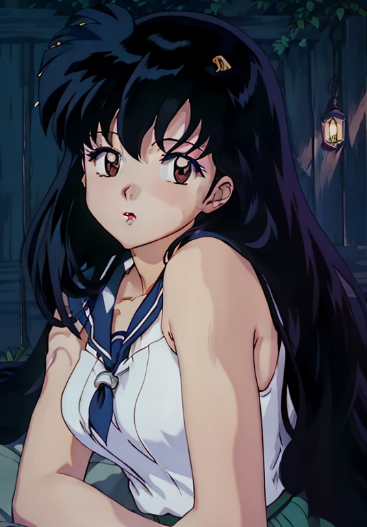 1girll, Kagome Higurashi, Brown eyes, full bodyesbian, Photorealistic, (Hyperrealistic:1.2), Perfect eyes, Perfect face, Perfect lighting, Outdoors, Warm colors, 浴室, Full nudity, during night, winking, Lie down,