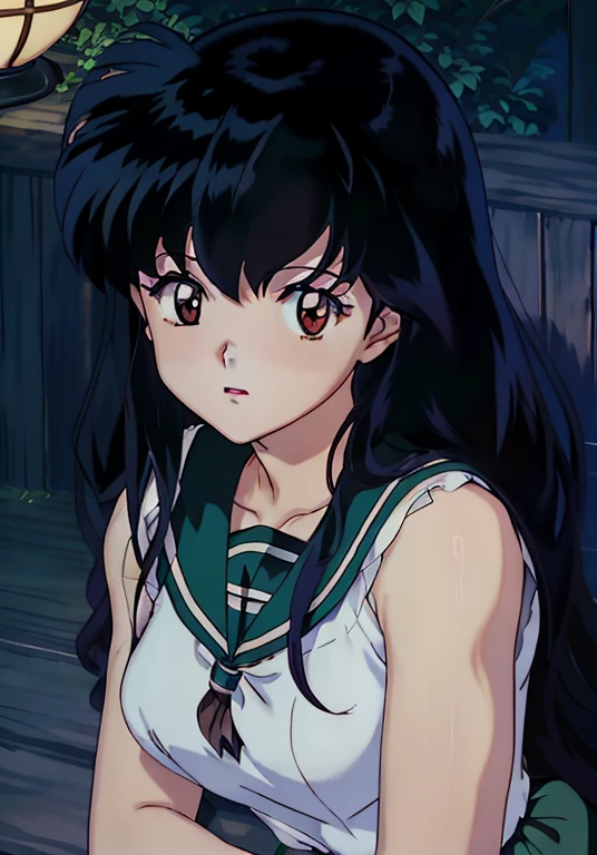 1girll, Kagome Higurashi, Brown eyes, full bodyesbian, Photorealistic, (Hyperrealistic:1.2), Perfect eyes, Perfect face, Perfect lighting, Outdoors, Warm colors, 浴室, Full nudity, during night, winking, Lie down,