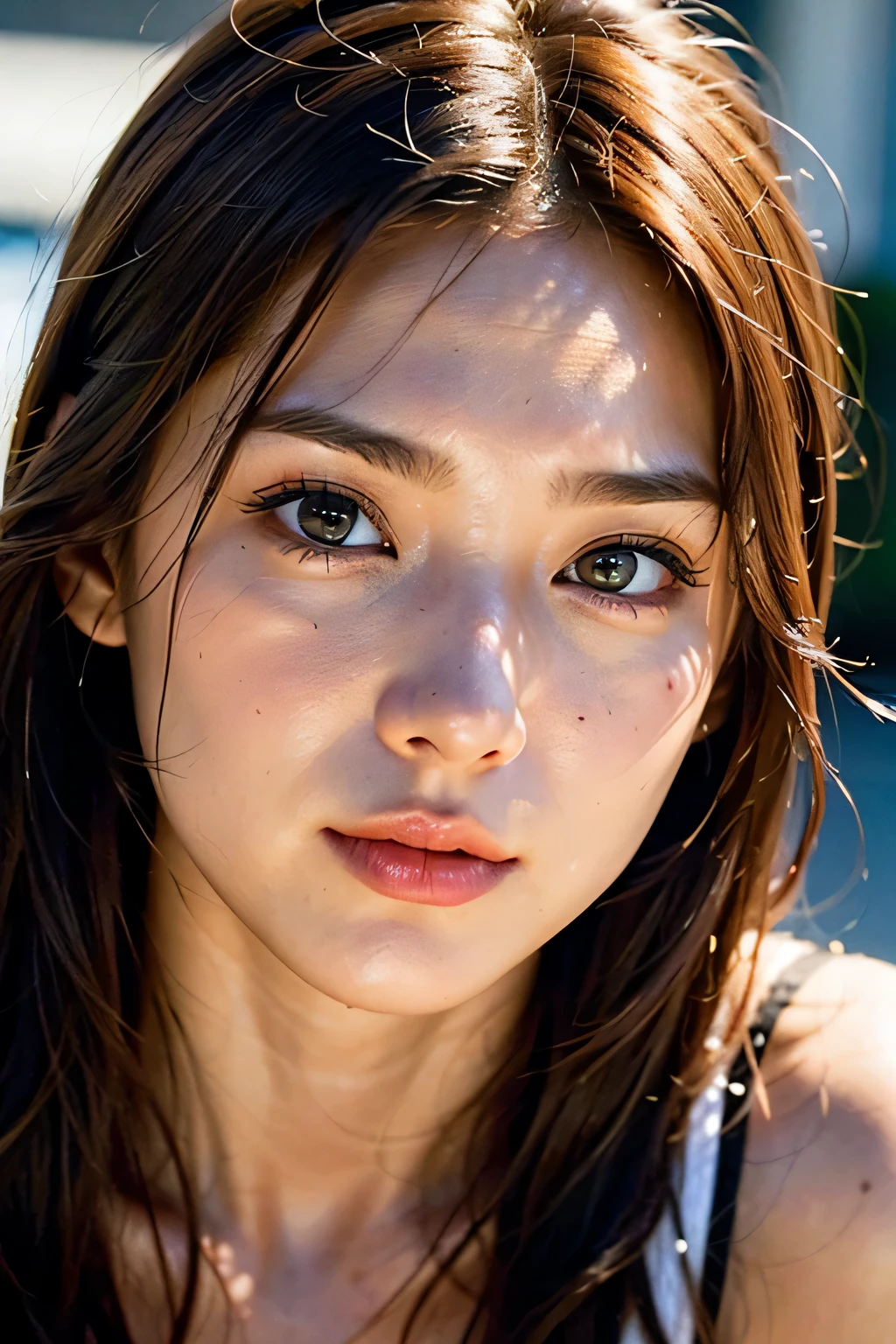 analog style, model shoot style, RAW close portrait of a 1girl, ((beautiful face: 1.7,
perfect face:1.3)), (from above:1.2), best quality, epic (by lee jeffries photo, sony a7, 50 mm, pores:1.5, colors, hyperdetailed:1.5, film grain:1.4,
hyperrealistic: 1.5), hyper-realistic lifelike texture, masterpiece, unreal engine 5, Extremely detailed CG unity 8k wallpaper, realistic eyes,
Madly detailed photo, (ecstasy of light and shadow, deep shadow), (Winner of the Pulitzer Prize for Photography and Taylor Wessing Photographic Prize), sweaty face, sluty expression, hot lips, sexy lips, nfsw , sexy boobs, sexy cleavage shot, half-body shot, expression,