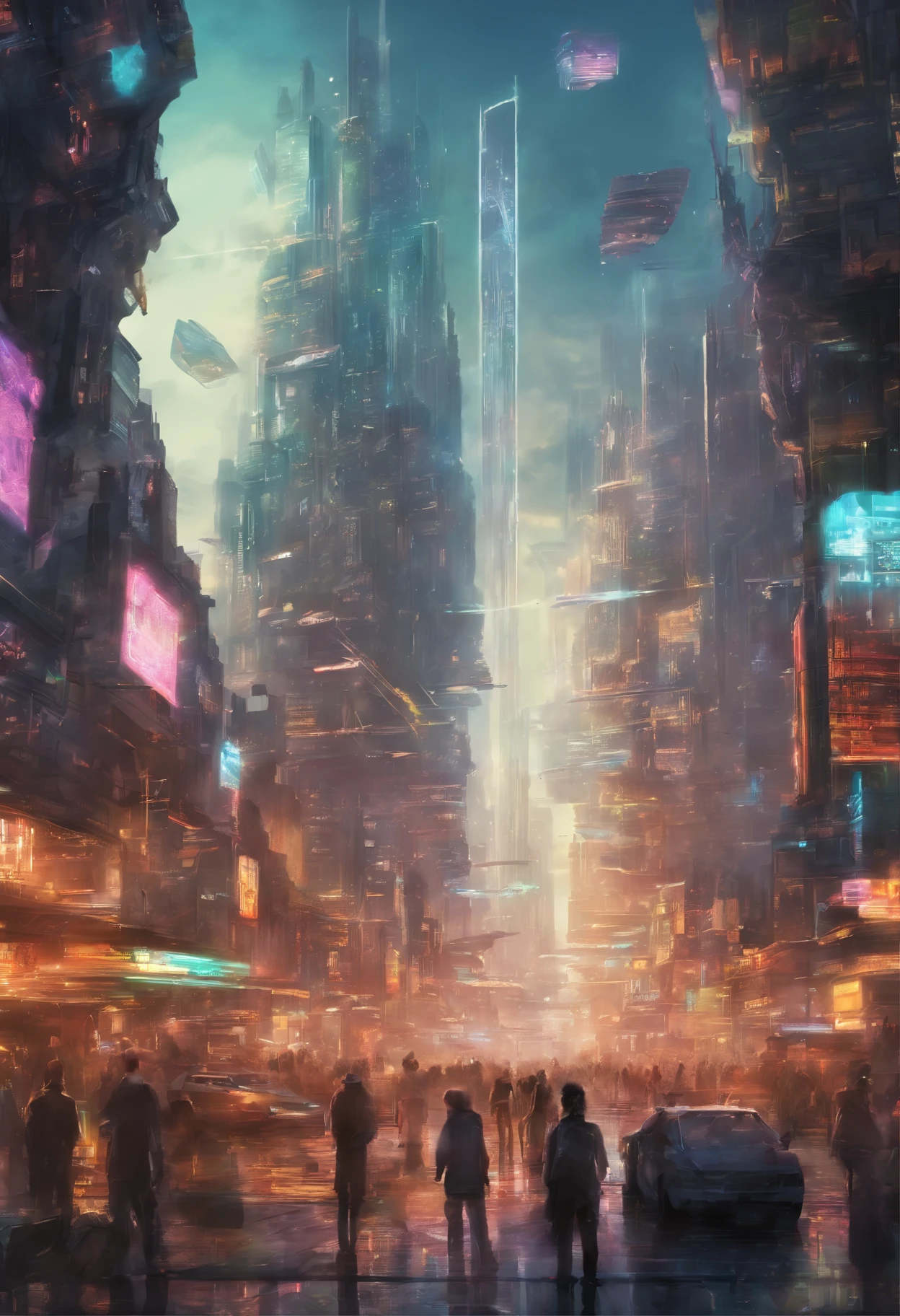 bustling futuristic city. Skyscrapers adorned with holographic billboards stretch towards the sky. People, both human and robot, move briskly along the streets. The atmosphere hums with a harmonious blend of human chatter and the whirring of robots.]