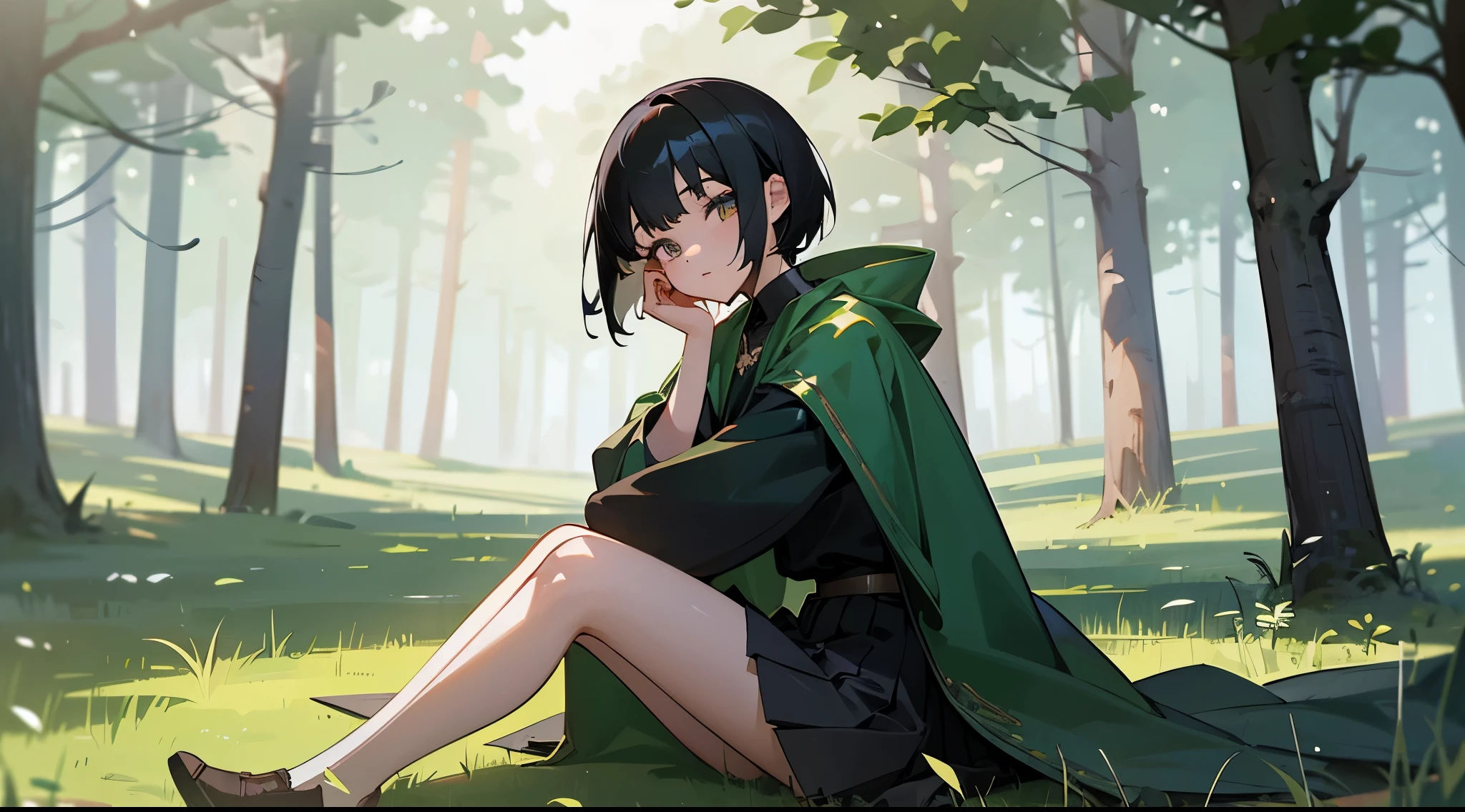 1 girl,short black hair,jade eyes,medieval coat,Box Pleated Skirt,sit on the grass,forest,sunray,High resolution,super sharp,8K,masterpiece,looking at the viewer