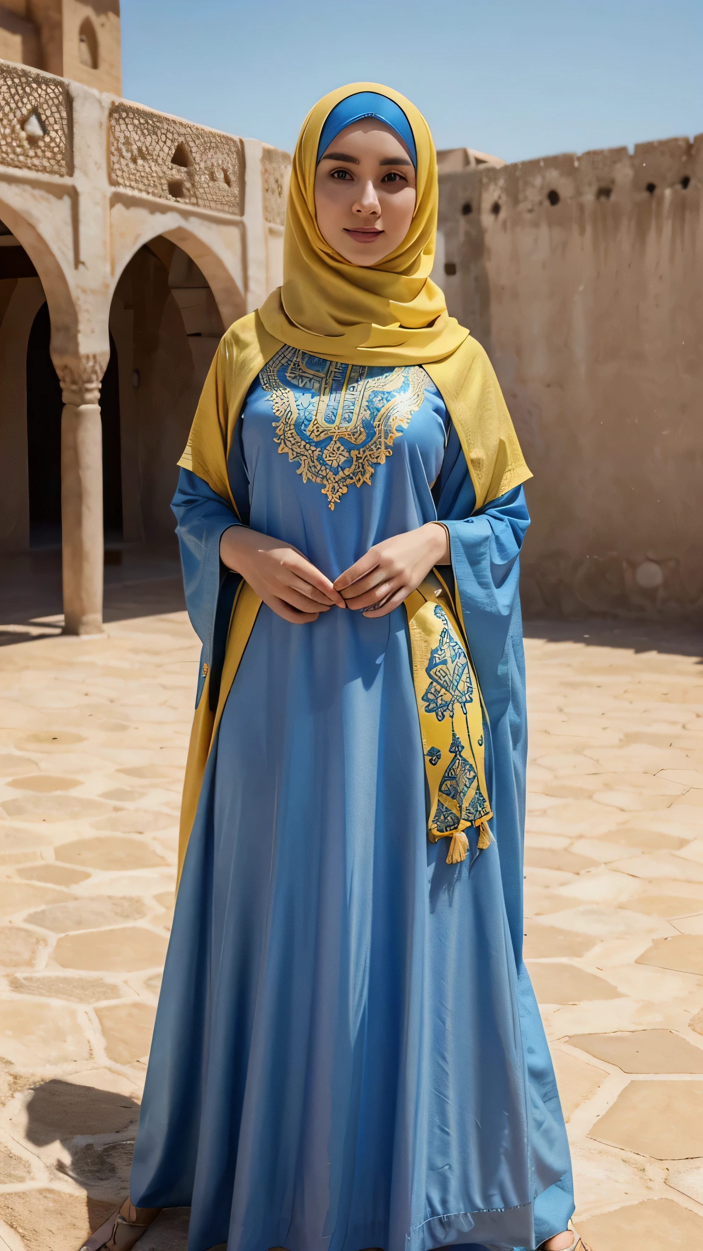 woman, putting on full cover modern Hijab. brown eyes, pale skin, photorealistic. instagram influencer, 20-year-old woman, model, happy look, atletic moscular figure full body, in Sanaani traditional attire with blue sky and yellow pattersn, in Sanaani Abaya. no make up
