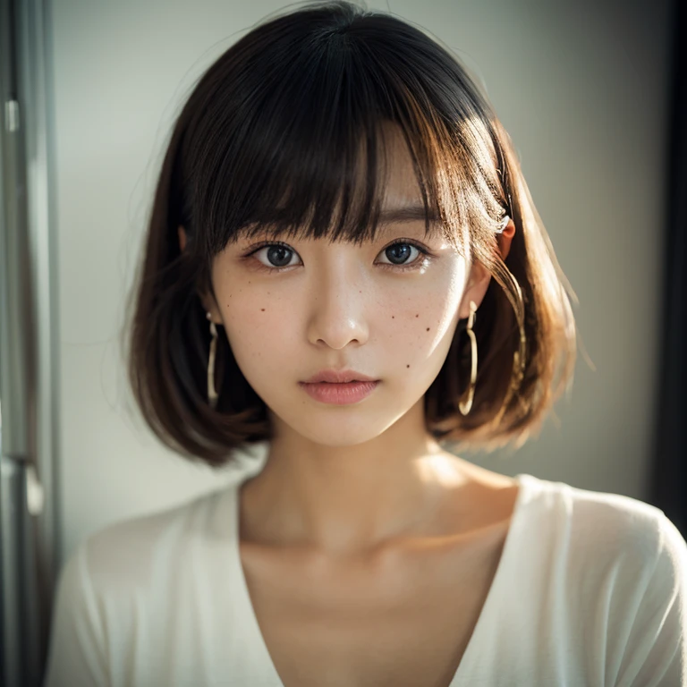 ((masterpiece:1.4、top-quality))、(photographrealistic:1.4)、profetional lighting、physically-based renderingt,Cowboy Shot,Short hair、layers-Cut、A dark-haired、extra detailed face、Detailed skin、mole:0.3、(Women in Japan:1.05)、age 30s、thin bunches of bangs、knit、White Room、white walls、Bright lighting