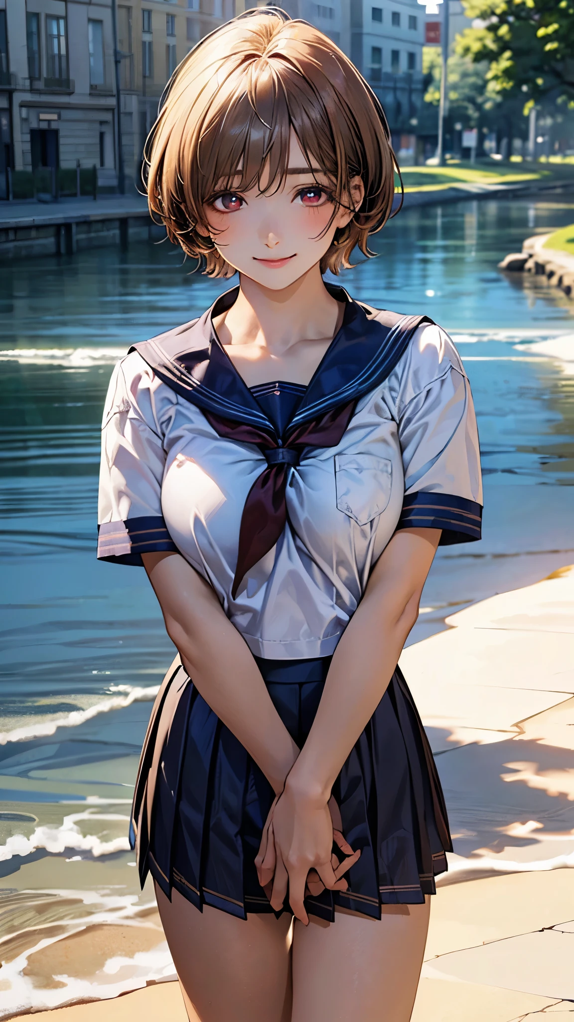 Anime girl in a short skirt posing by a body of water - SeaArt AI