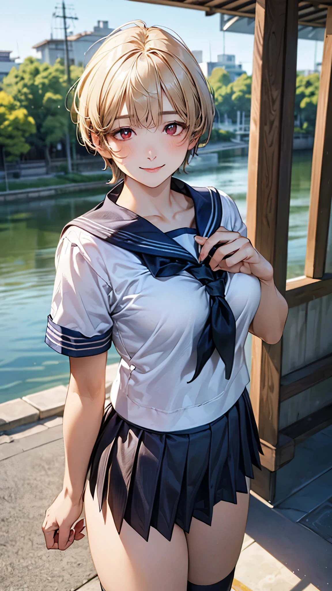 (masterpiece:1.2, top-quality), (realistic, photorealistic:1.4), beautiful illustration, (natural side lighting, movie lighting), nsfw,
looking at viewer, cowboy shot, front view:0.6, 1 girl, japanese, high school girl, perfect face, cute and symmetrical face, shiny skin,
(short hair:1.5, pixie cut:1.4, blond hair), bangs pinned back, red eyes, long eye lasher, (large breasts:0.6, thick thighs),
beautiful hair, beautiful face, beautiful detailed eyes, beautiful clavicle, beautiful body, beautiful chest, beautiful thigh, beautiful legs, beautiful fingers,
((detailed cloth texture, short sleeves cute sailor suit, pleated skirt, sailor collar, sailor scarf, socks, brown loafers)),
(beautiful scenery), evening, riverside, standing, wave hands, (half-closed eye, lovely smile, upper eyes),