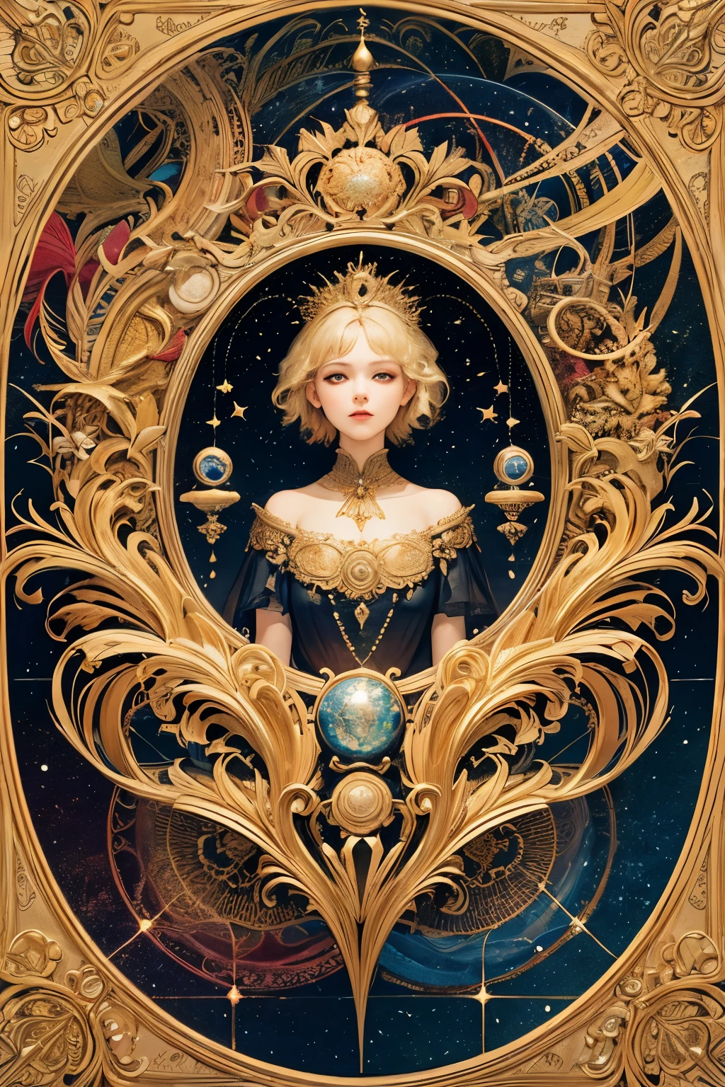 realistic, (masterpiece, highest quality, highest quality, official art, beautiful and aesthetic: 1.2), very detailed, fractal art, colorful, most detailed, Leo, (abstract background: 1.5), (1 girl: 1.3), (Cat class), yellow hair, bright eyes, earnest, Combed bag, short hair, milky way, huge magical gold Leo astrolabe, dream, fantasy, gold trim,beautiful and detailed sky, Style and Decoration for Leo, Leoの女神, (NSFW:0.8), Delicate meat and high glass guardrail board