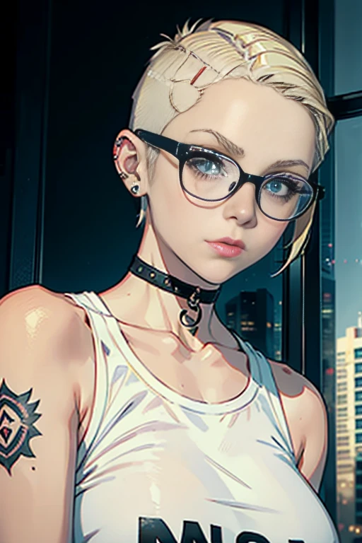 young woman, riley nixon haircut, shaved hair, blonde hair, very short hair, bald, white tank t-shirt shirt, red moon tattoo, right arm tattooed, wearing glasses, blonde hair, riley nixon haircut, lipstick Black, piercings on the face, on a skyscraper, Looking at the viewer, Storm city, 4k