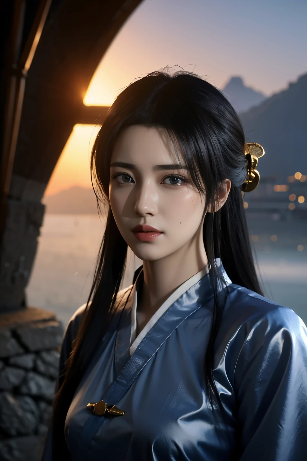 Game art，The best picture quality，Highest resolution，8K，(A bust photograph)，(Portrait)，(Head close-up)，(Rule of thirds)，Unreal Engine 5 rendering works， (The Girl of the Future)，(Female Warrior)， 
15岁少女，(The generals of ancient China)，An eye rich in detail，(Big breasts)，优雅高贵，冷漠，勇敢的，
(Wearing ancient Chinese cloth，Chinese Hanfu，Costumes of the Tang Dynasty，Costumes are rich in detail，Simple shades)，中国人物，奇幻风格，
拍照姿势，野外背景，Movie lights，Ray tracing，Game CG，((3D Unreal Engine))，oc渲染反射纹