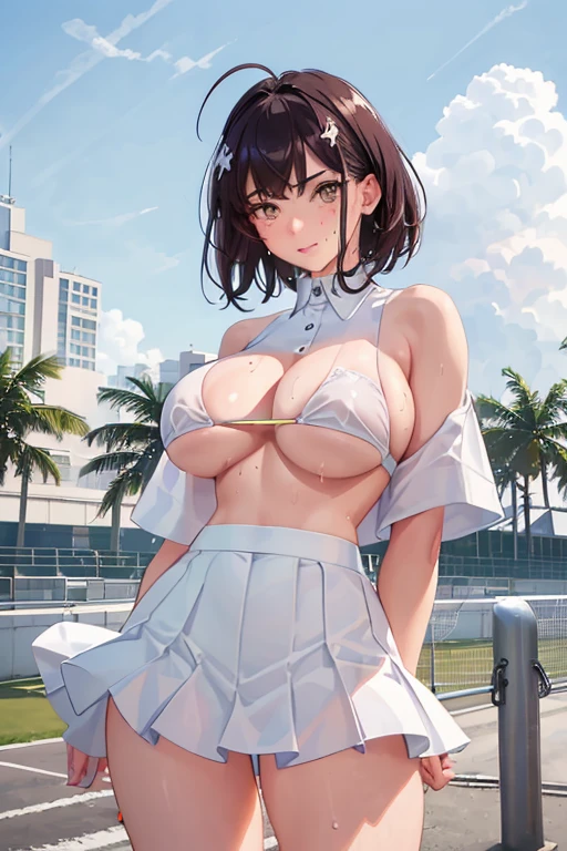 1 girl, alone, white polo shirt, white sneakers, tennis wear, white mini skirt, masterpiece, highest quality, realistic, super detailed, (shiny skin, sweating: 1.4), That's ridiculous, looking at the audience, short black hair, brown eyes, thin, dynamic light and shadow, High resolution, sharp focus, Depth of bounds written, fine eyes, sharp pupils, realistic pupils, (big breasts: 1.6), (Thick thighs: 1.0), outdoor, null