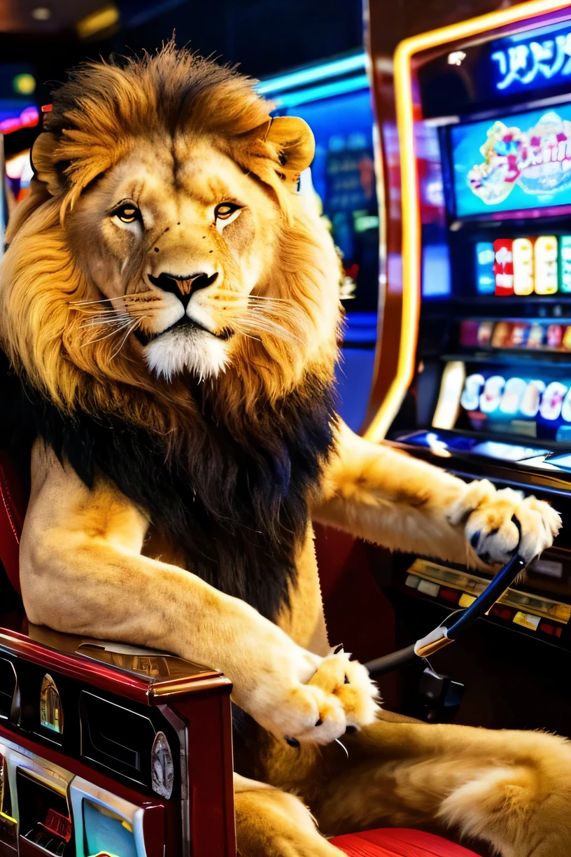 image quality、高image quality、beautiful、delicate、4K、A lion playing slots like a human、sitting in a chair、looking at slot machine、Japan、lion is smoking a cigarette