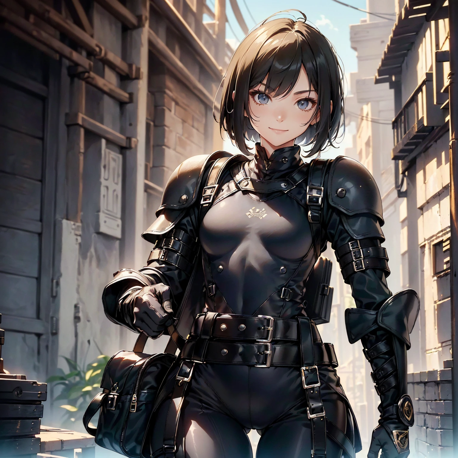 (masterpiece、highest quality、highest resolution、clear_image、detailed details): (whole body、18 year old female fighter，Slender、small face、black super bob short hair、Shiny black tight combat uniform，tight suit、Gentle smile、Backpack)