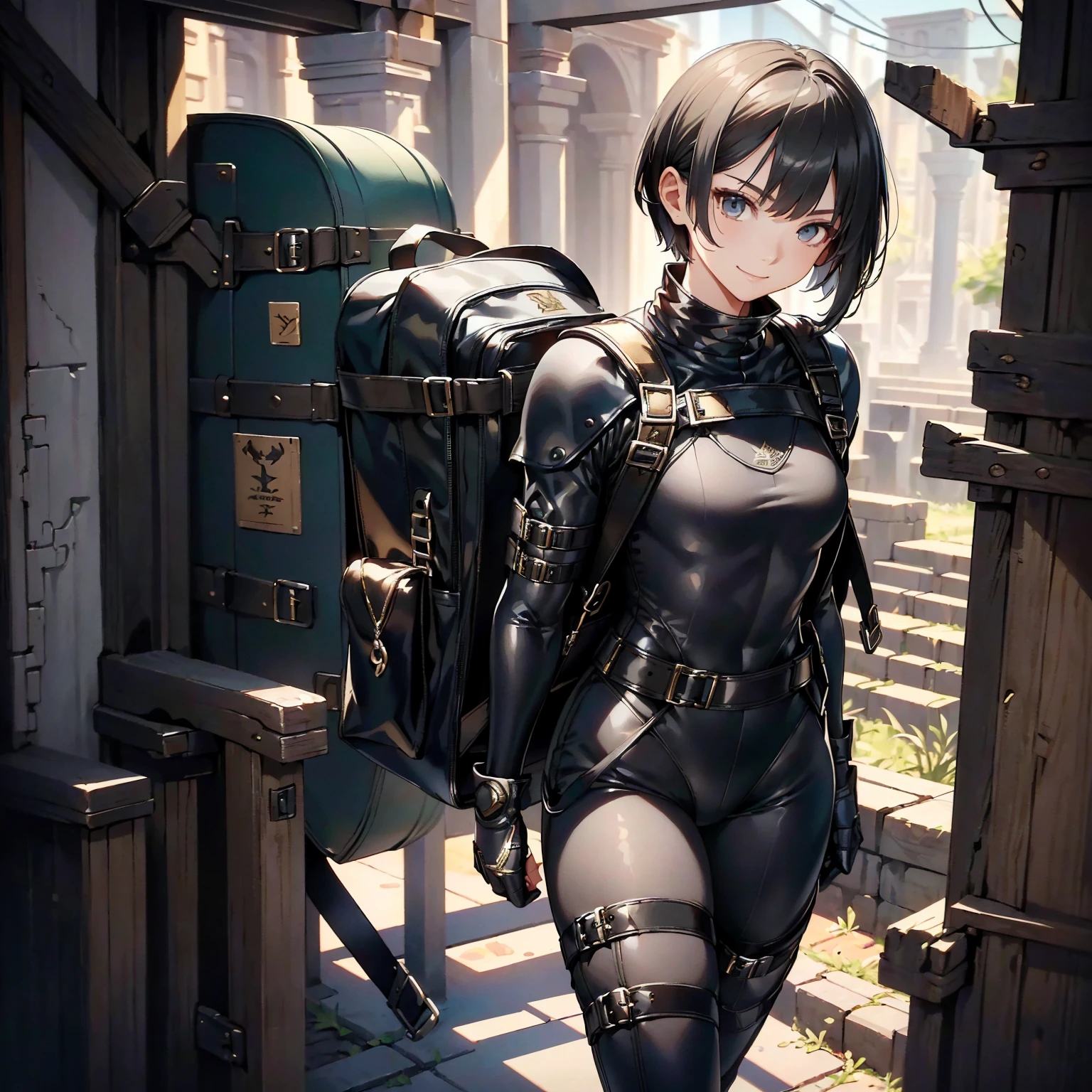 (masterpiece、highest quality、highest resolution、clear_image、detailed details): (whole body、18 year old female fighter,Slender、small face、black super bob short hair、Shiny black tight combat uniform,tight suit、Gentle smile、Backpack)