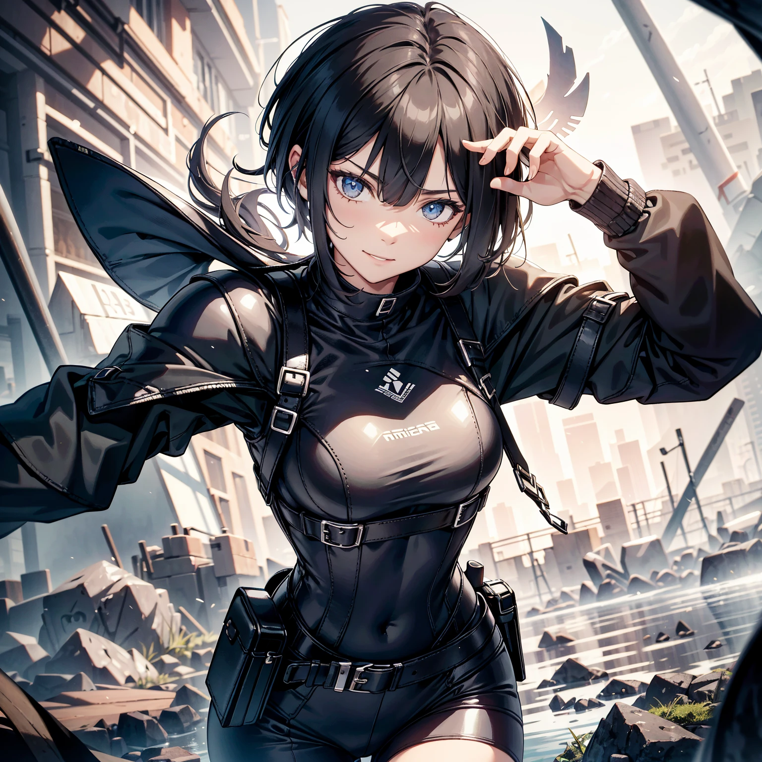 (masterpiece、highest quality、highest resolution、clear_image、detailed details): (whole body、18 year old female fighter,Slender、small face、black super bob short hair、Shiny black tight combat uniform,tight suit、Gentle smile、Backpack)