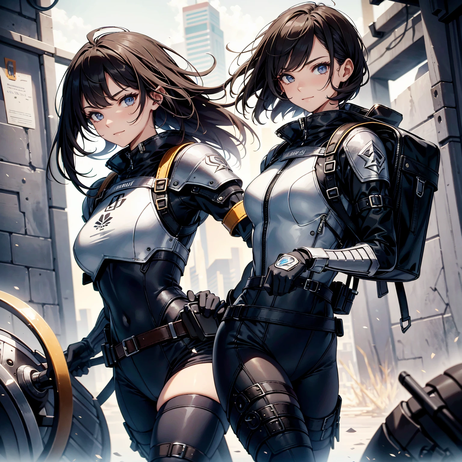 (masterpiece、highest quality、highest resolution、clear_image、detailed details): (whole body、18 year old female fighter,Slender、small face、black super bob short hair、Shiny black tight combat uniform,tight suit、Gentle smile、Backpack)