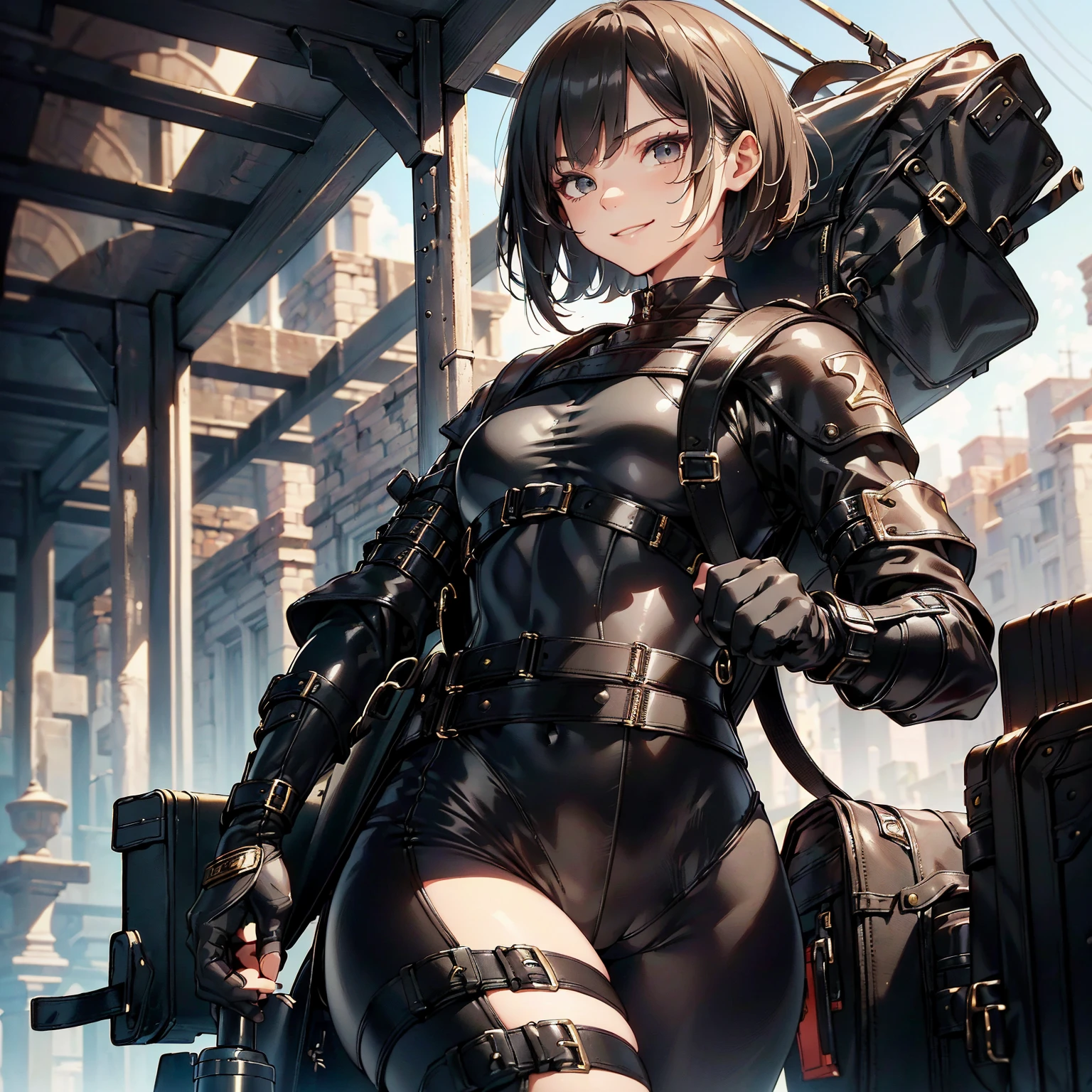 (masterpiece、highest quality、highest resolution、clear_image、detailed details): (whole body、18 year old female fighter,Slender、small face、black super bob short hair、Shiny black tight combat uniform,tight suit、Gentle smile、Backpack)