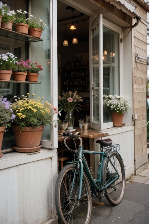 photography of a cafe in country side with a bicycle in front of the windows and flowers in pots around the cafe with vintage vibes and effect