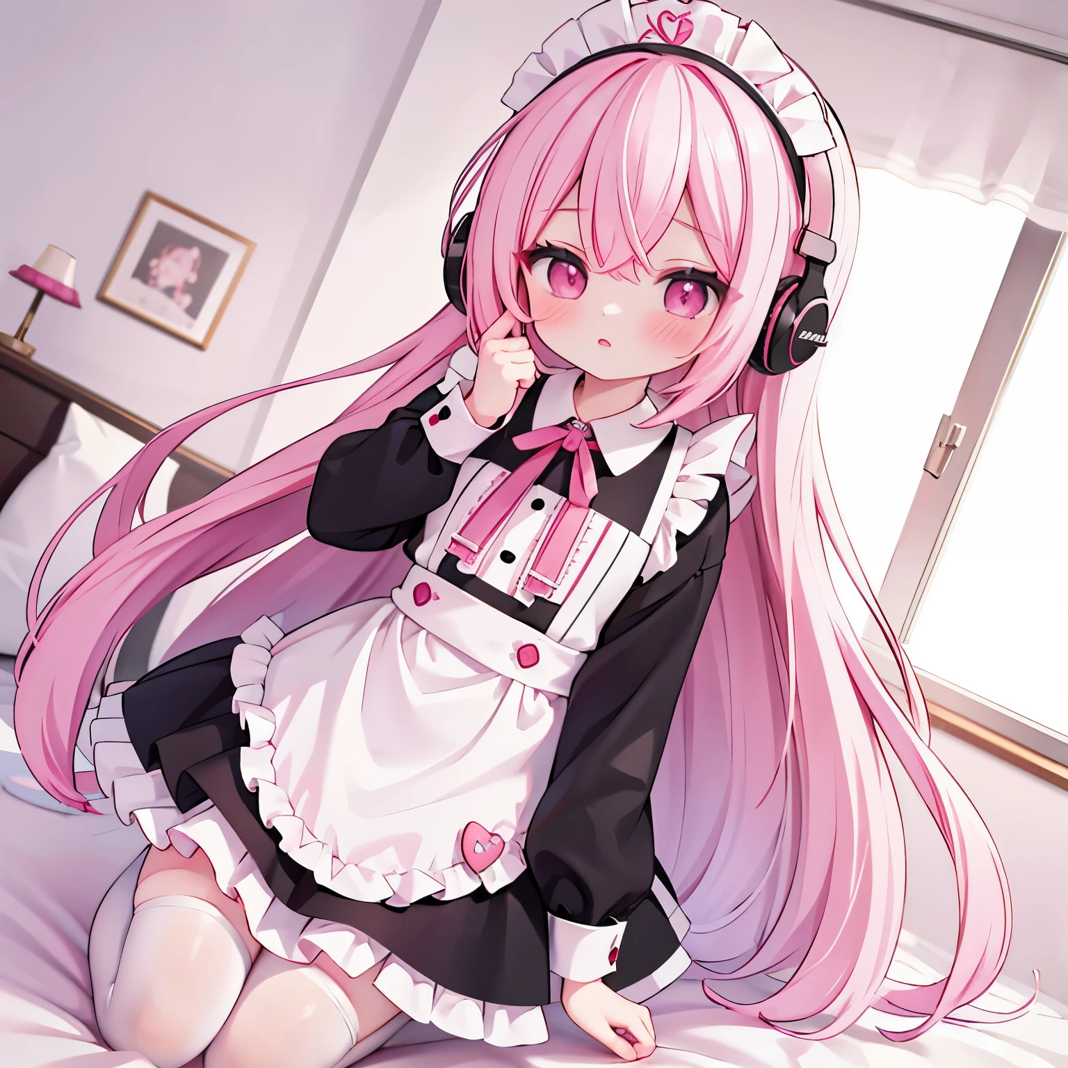 long pink hair，pink eyes，maid outfit，Black headphones，white silk，shy，