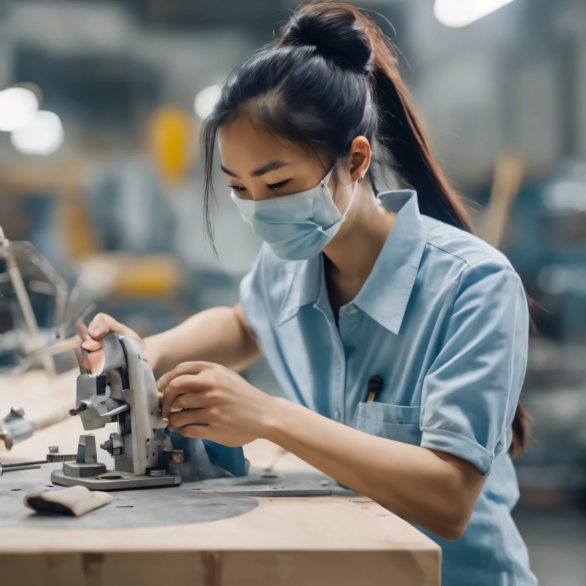 araffe worker At the factory using a cell phone to check the screen, manufacturing, small manufacturing, In the workshop, medical staff, Check stock images, picture, At the factory, People at work, Girl with warship parts, wear mask, 库存picture, Woman in the dark factory, checking her phone, Skillful, Portrait shoot, technology